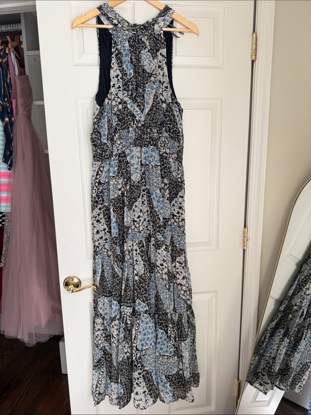 Anthropologie Black, Blue and White Printed Maxi Dress